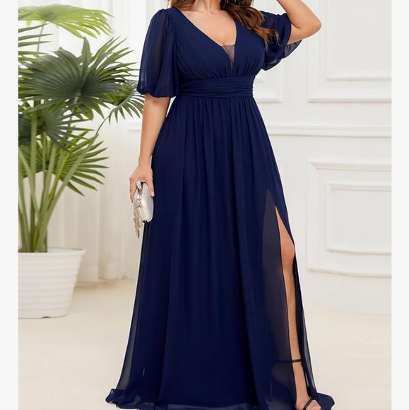 Ever Pretty Navy/Royal Blue V-Neck Formal Evening Gown Bridesmaid Dress with Sle - Picture 3 of 12